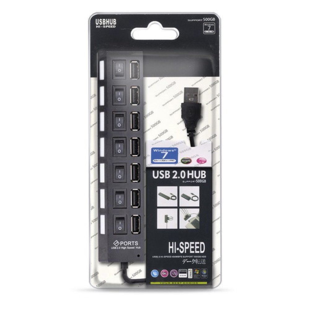 Разветвитель USB Hub с выключателями, 7 портов, черный, Hi-speed